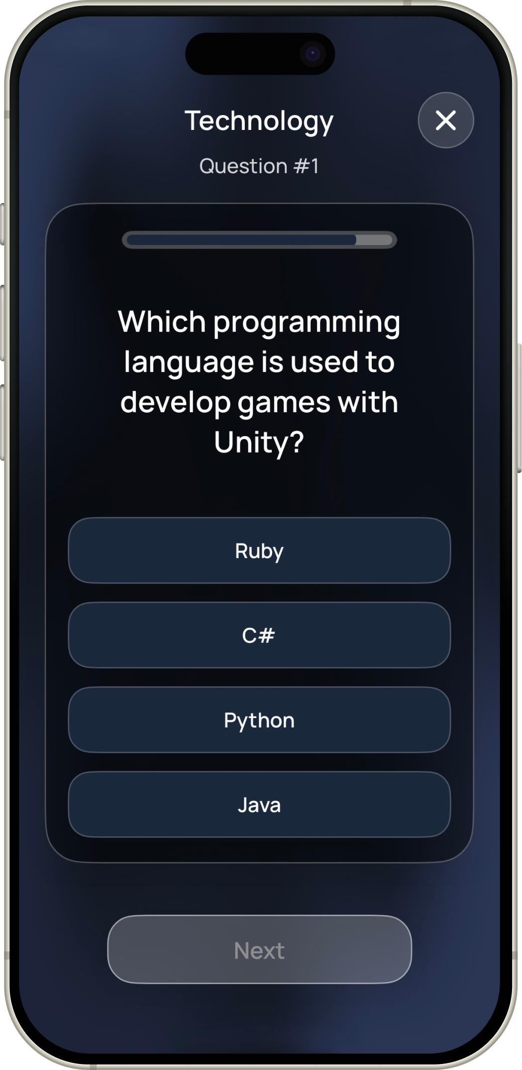 Quizice on iPhone: a technology question with four possible answers