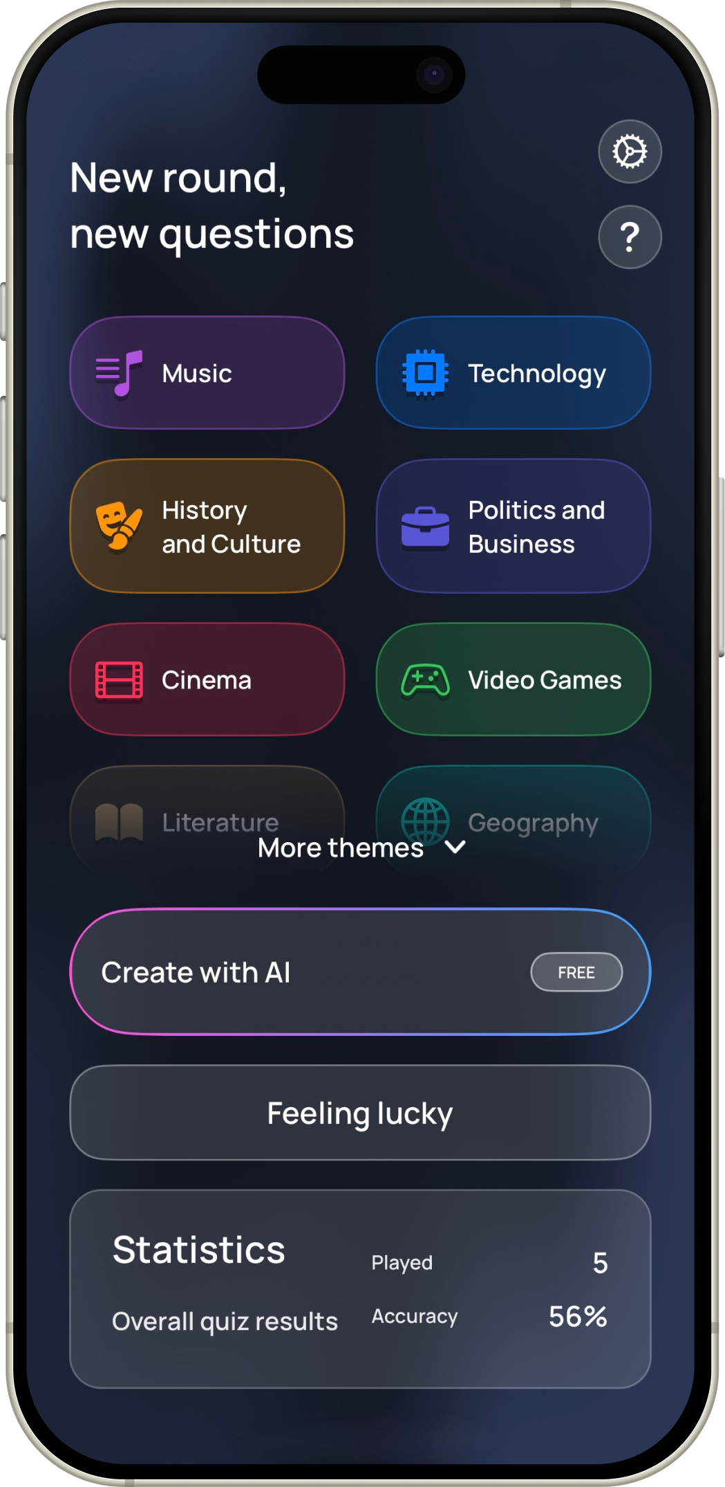 Quizice on iPhone: choose a topic from music, technology, history, cinema, and more
